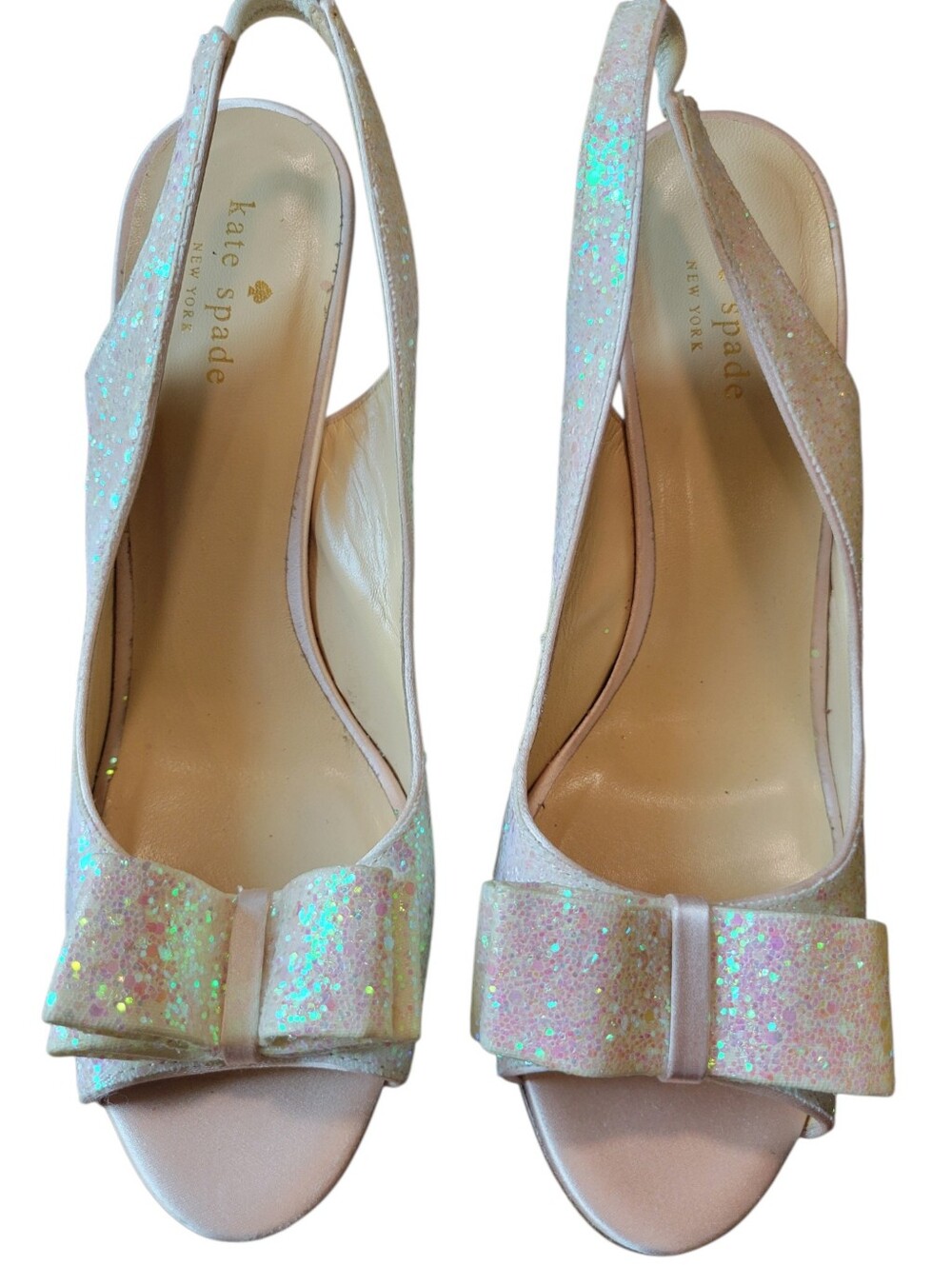 Kate Spade New York Charm Peep Toe White Glitter Sling Back Pumps Heels - Picture 6 of 9